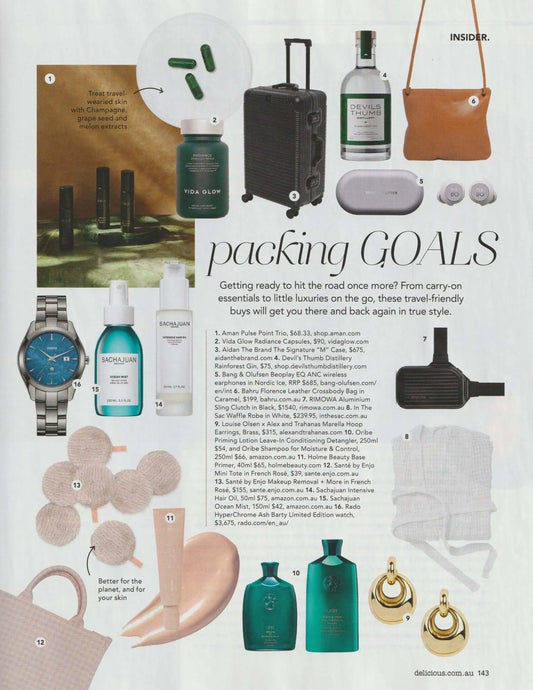 Image from Delicious magazine showcasing travel essentials and packing goals, featuring AIDAN Signature M case.