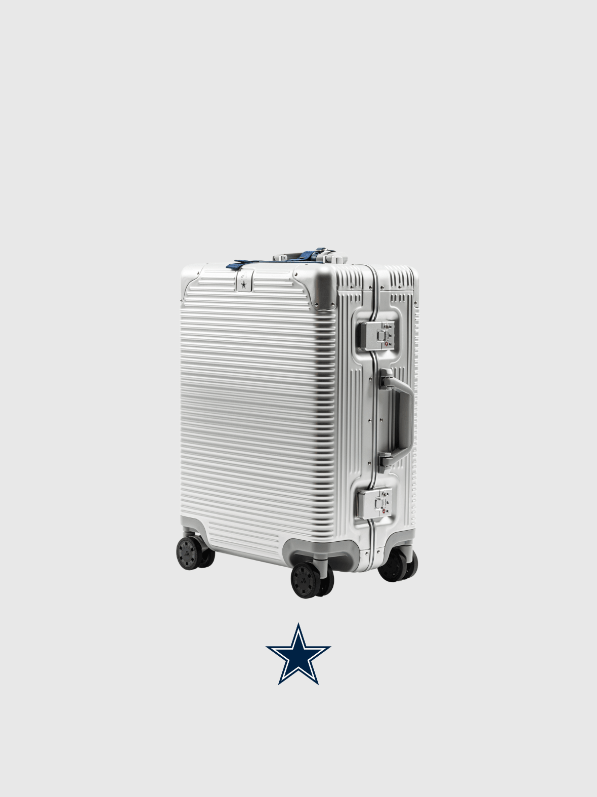 Dallas Cowboys Limited Edition Time Capsule Case, luxury travel design, white durable exterior and wheels.