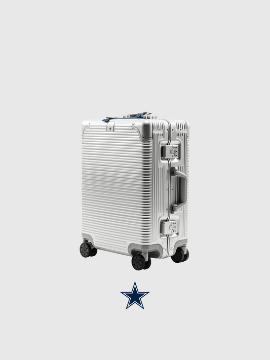 Dallas Cowboys Limited Edition Time Capsule Case, luxury travel design, white durable exterior and wheels.